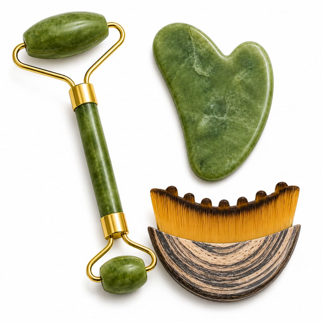 🌿Kit Massageador Facial Premium 3 em 1 – Rolo de Jade, Pedra Gua Sha e Escova Massageadora